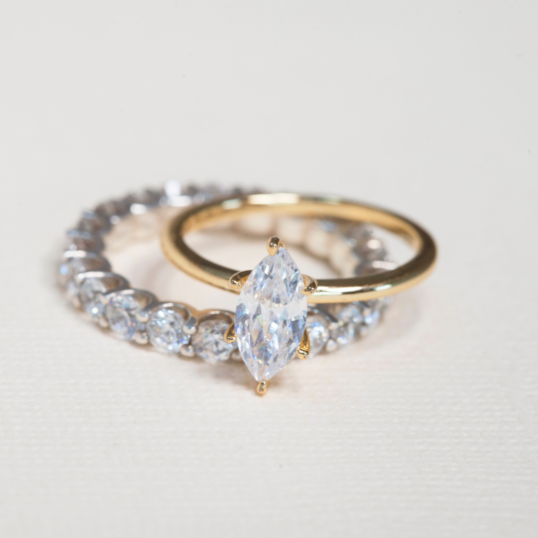 marquise Diamond  solitaire engagement ring with diamond wedding ring