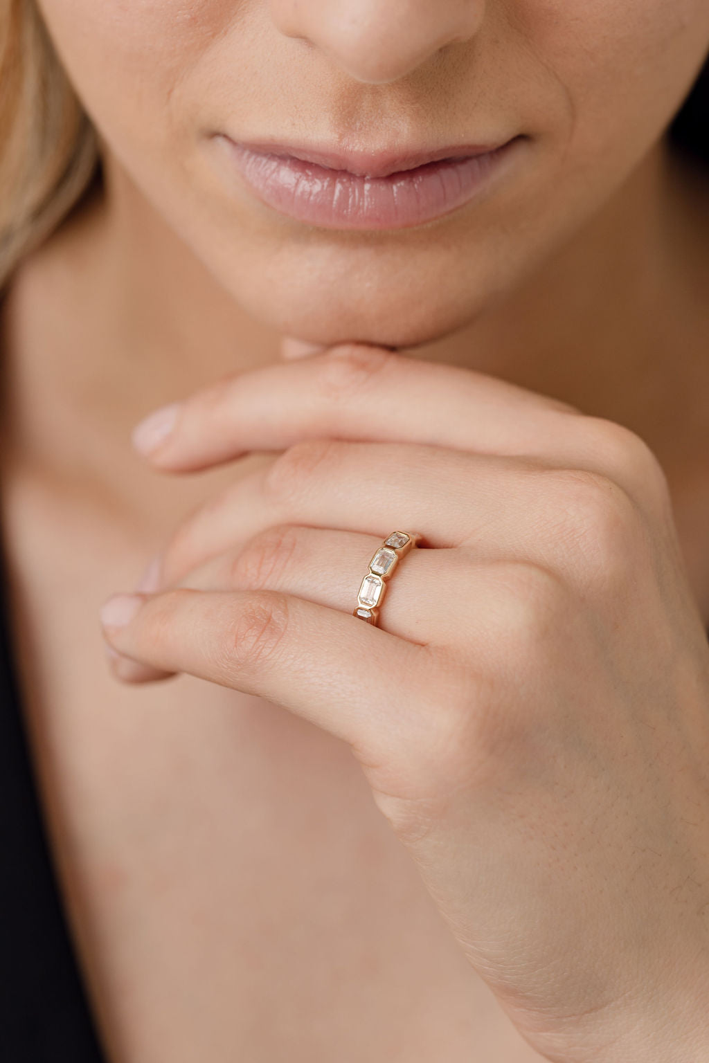 Bezel set emerald cut statement diamond wedding ring