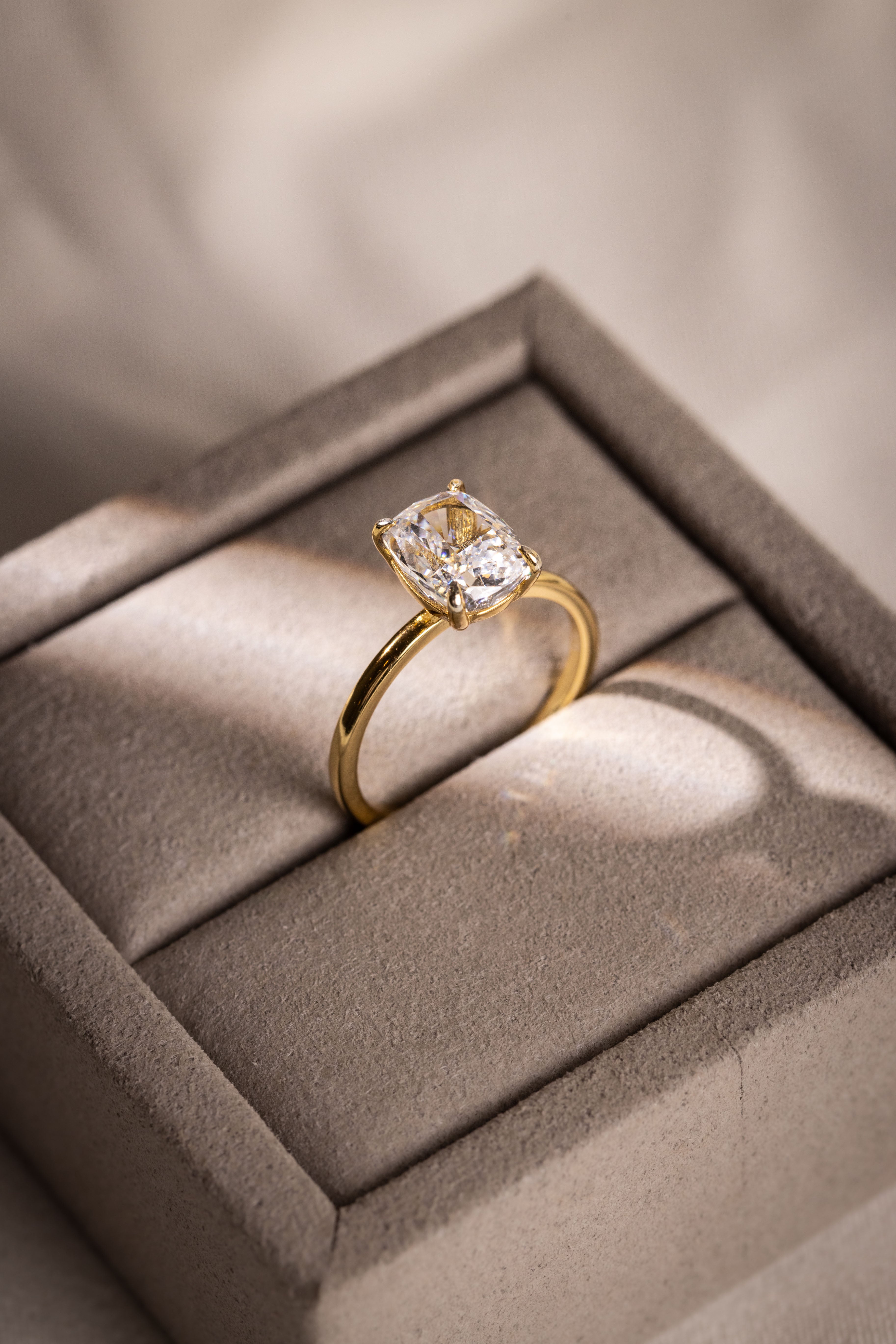 ELONGATED CUSHION CUT DIAMOND SOLITAIRE ENGAGEMENT RING GOLD