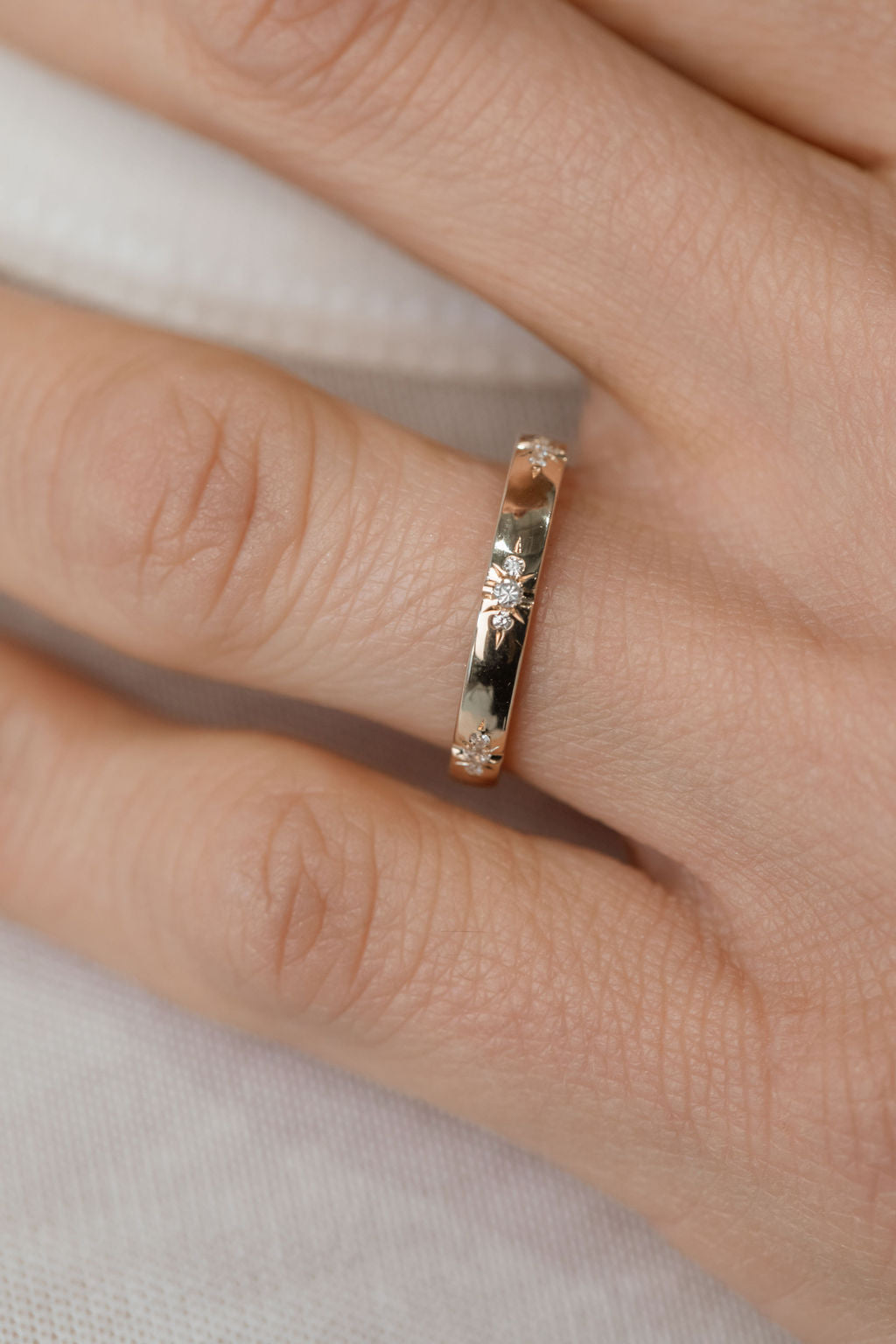 Flat profile diamond etched wedding ring