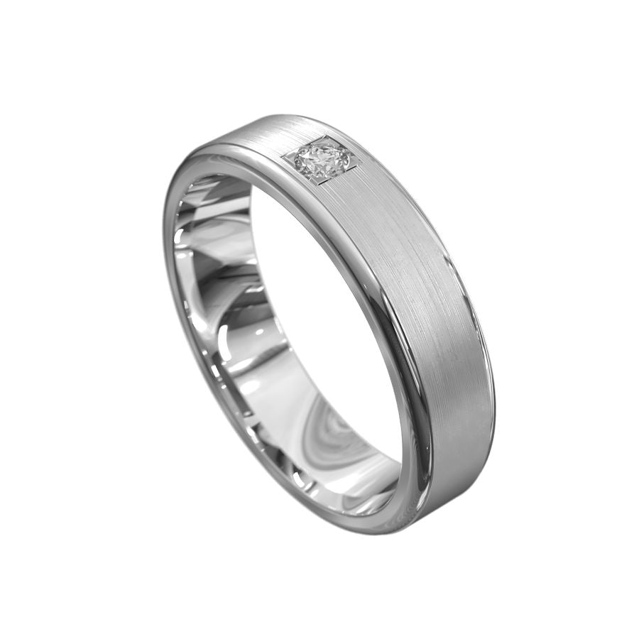 white gold mens wedding ring with brushed finish and polished edges and pressure set diamond