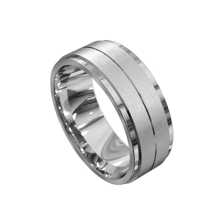 white gold mens wedding ring with brushed finish and polished edges