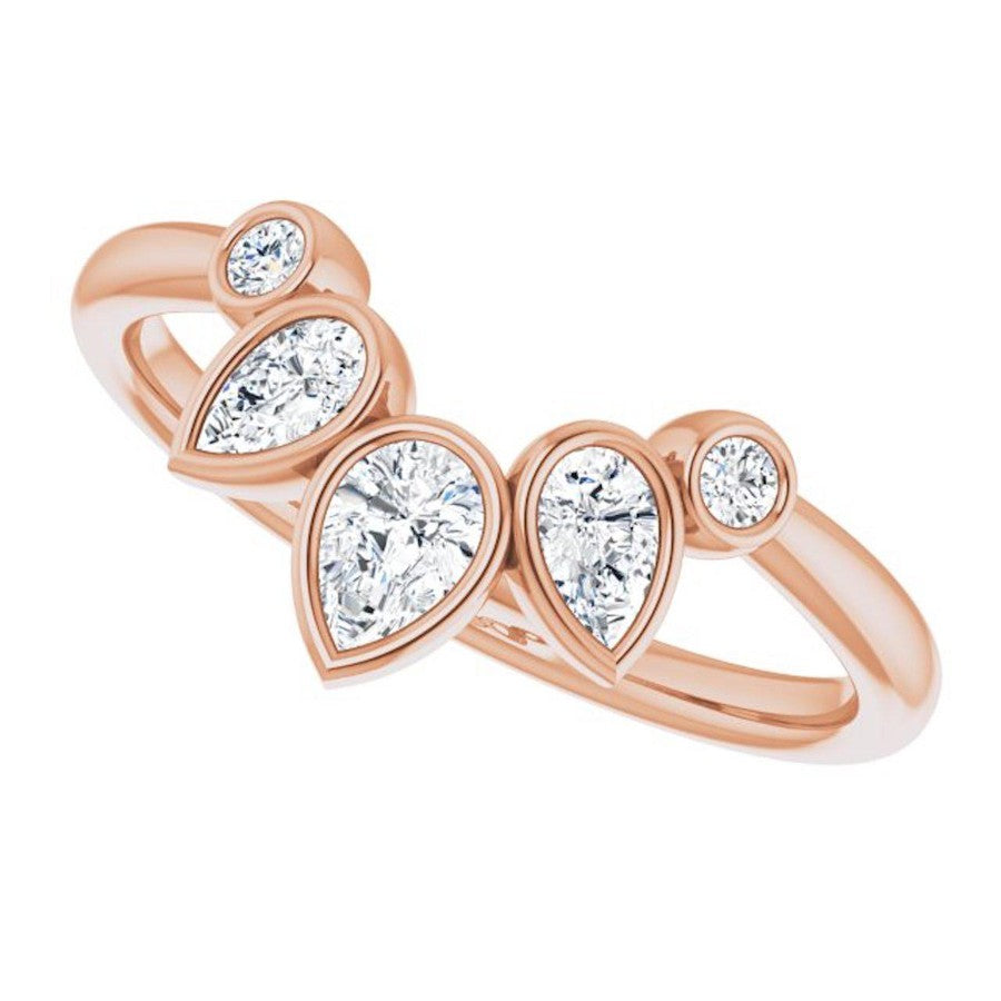 rose gold bezel set crown ring with pear shape diamonds and round diamonds