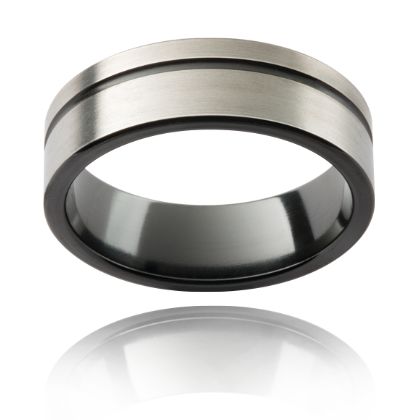 Brad | White Zirconium mens wedding ring with black zirconium indents