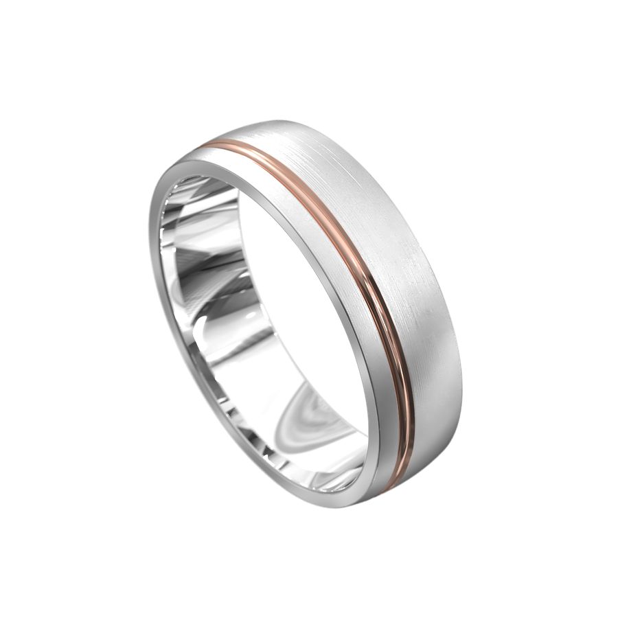 white gold mens wedding ring brushed metal with a rose gold ridge