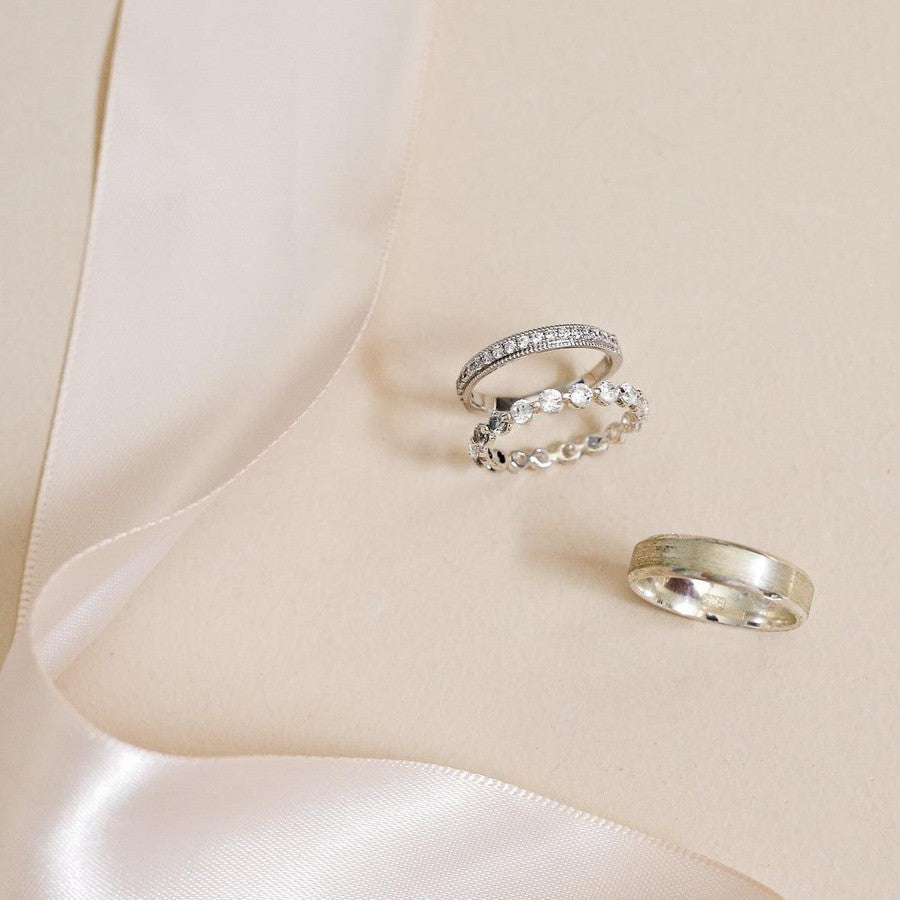 white gold diamond wedding ring with millgrain edge vintage style, with single claw diamond ring and white gold mens wedding ring