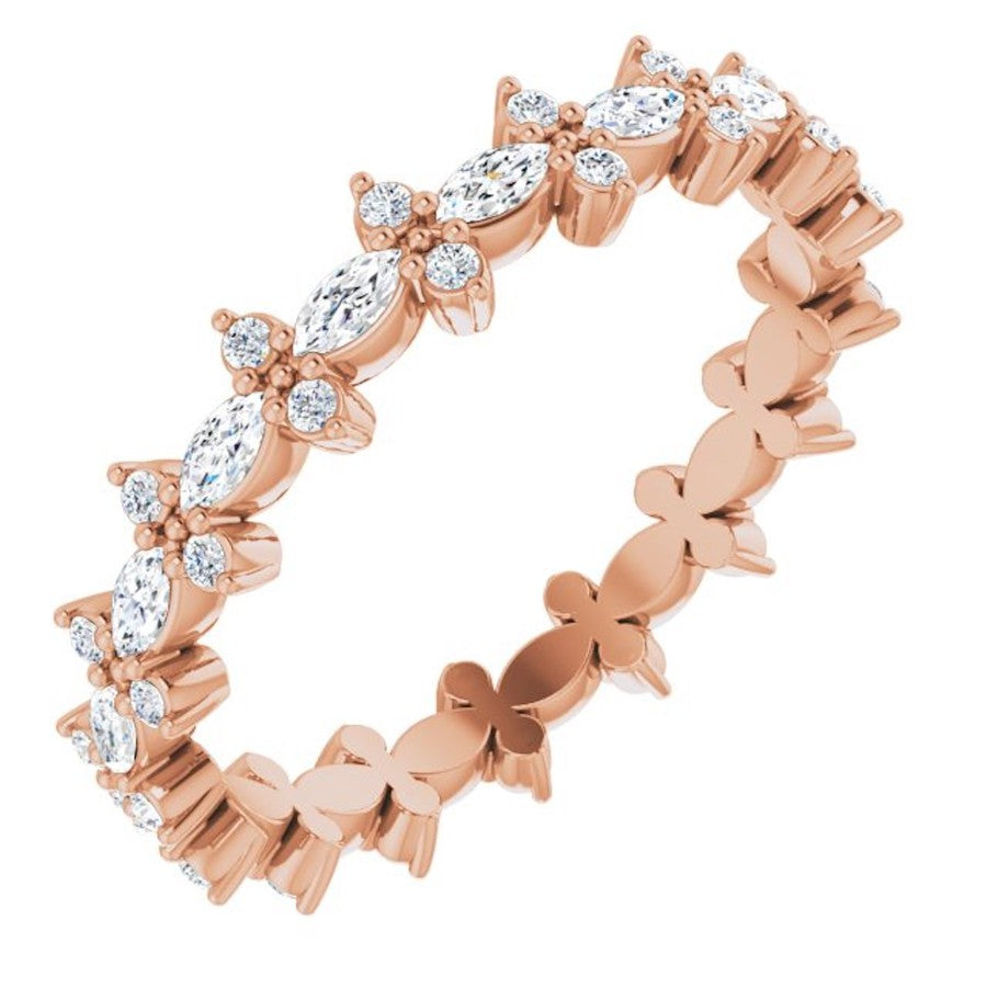 rose gold diamond wedding ring with marquise diamonds and round diamonds