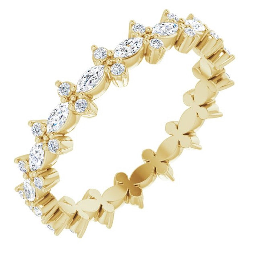 yellow gold diamond wedding ring with marquise diamonds and round diamonds