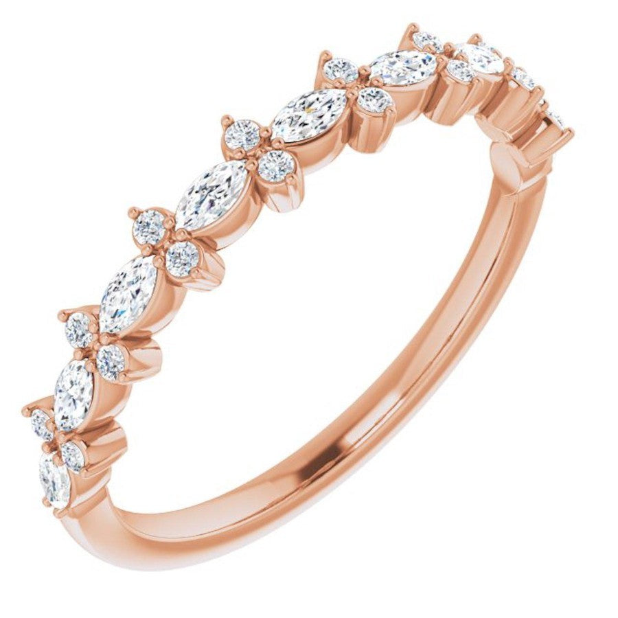 rose gold diamond wedding ring with marquise diamonds and round diamonds