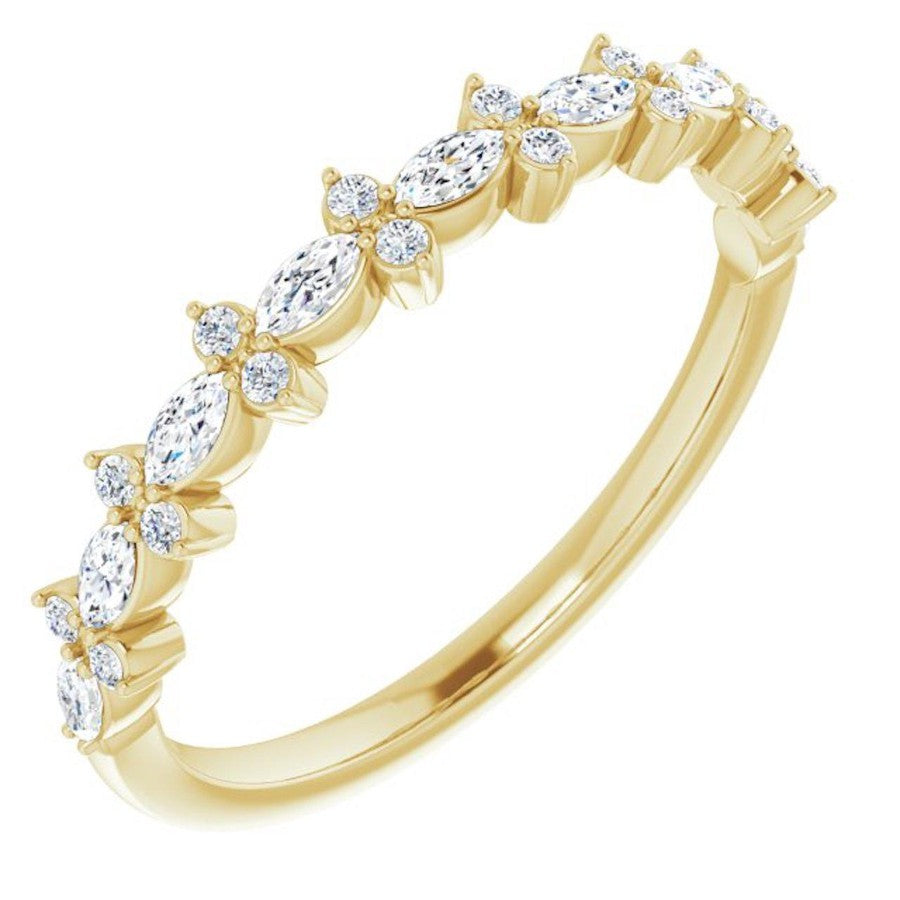 yellow gold diamond wedding ring with marquise diamonds and round diamonds