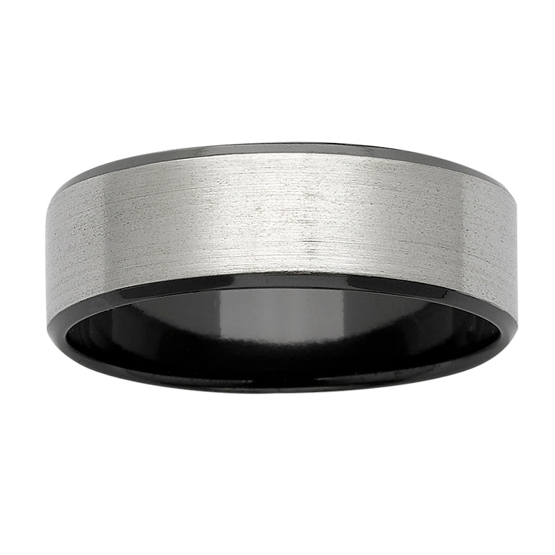 Zirconium mens ring with black beveled edge and inner