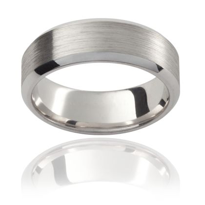 White gold mens wedding ring with brushed finish and beveled edge