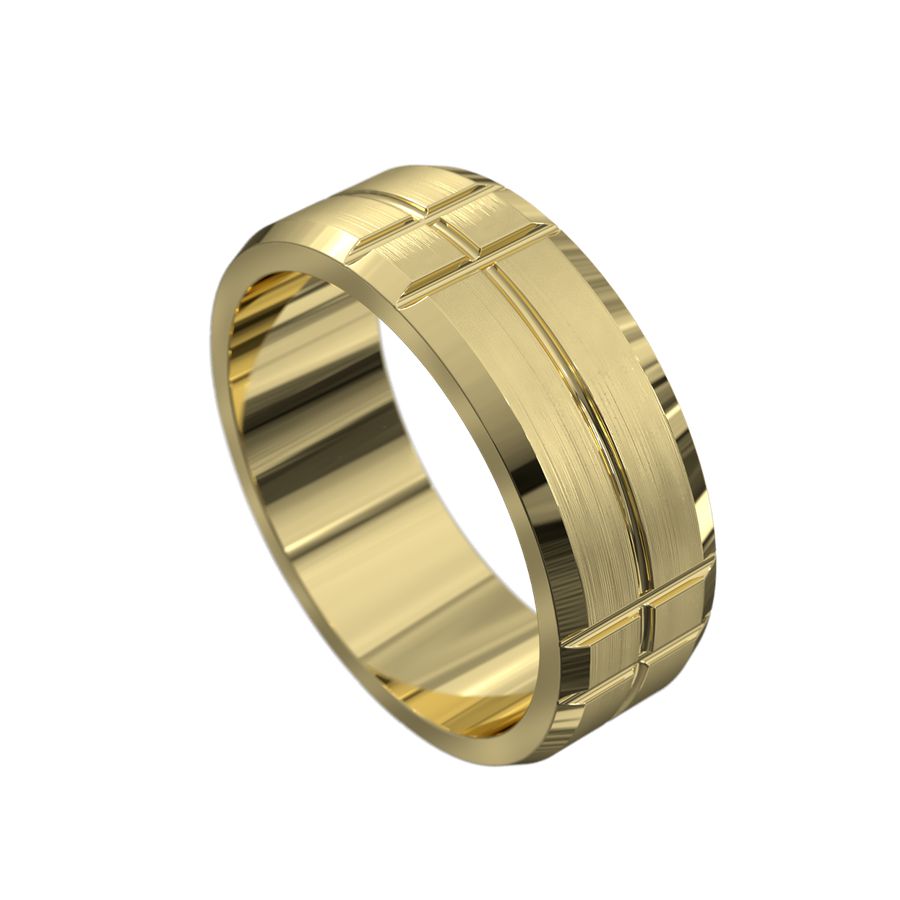 Hali | Brushed mens wedding band featuring polished beveled edges and handcarved grooves