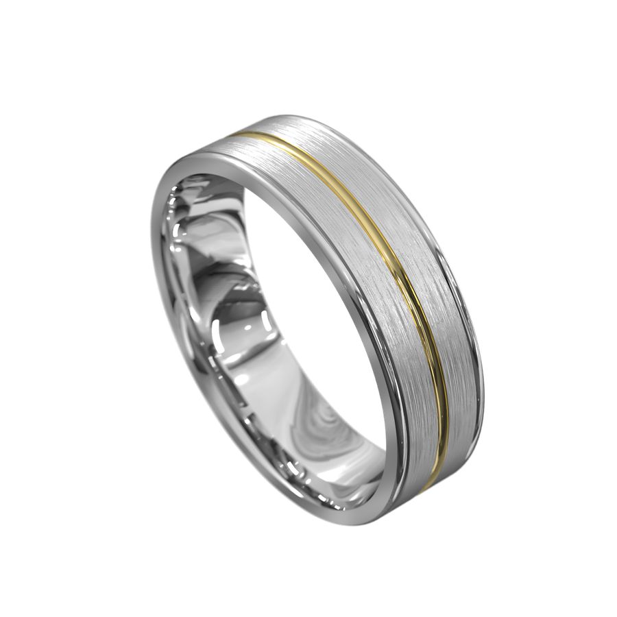 white gold mens wedding ring with brushed finish and yellow gold polished ridge in the middle and beveled edges