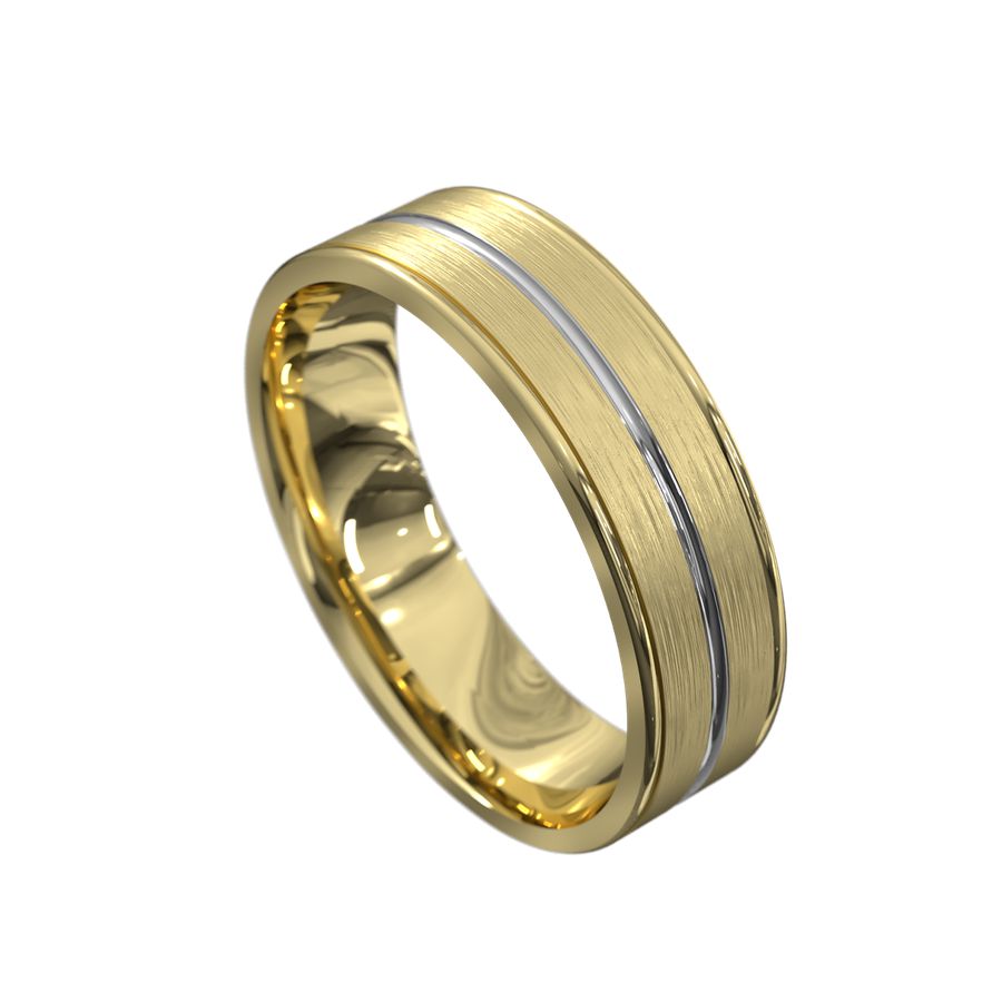 yellow gold mens wedding ring with brushed finish and white gold polished ridge in the middle and beveled edges