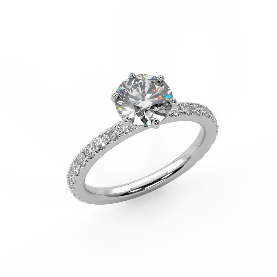 White gold diamond engagement ring with 6 claws and diamond band