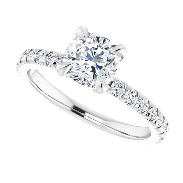 white gold cushion cut engagement ring with diamonds in the band