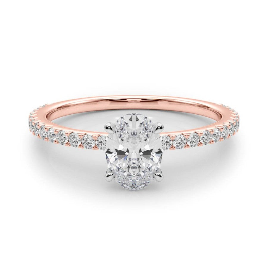 rose gold oval shape moissanite engagement ring with fine moissanite band