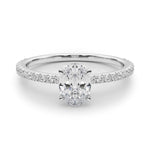 white gold oval shape moissanite engagement ring with fine moissanite band