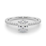 white gold oval shape moissanite engagement ring with fine moissanite band