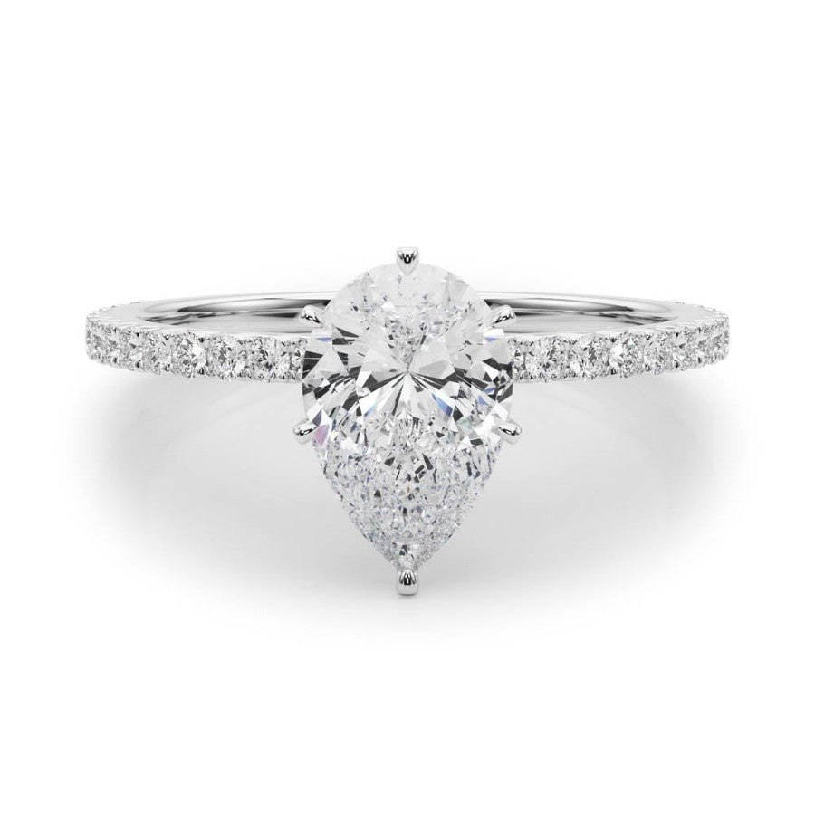 White Gold Pear Shape Moissanite Engagement ring on moissanite band