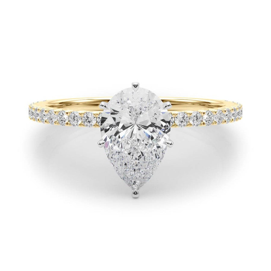 Yellow Gold Pear Shape Moissanite Engagement ring on moissanite band