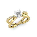 Yellow Gold round moissanite engagement ring with flat cigar style criss cross band