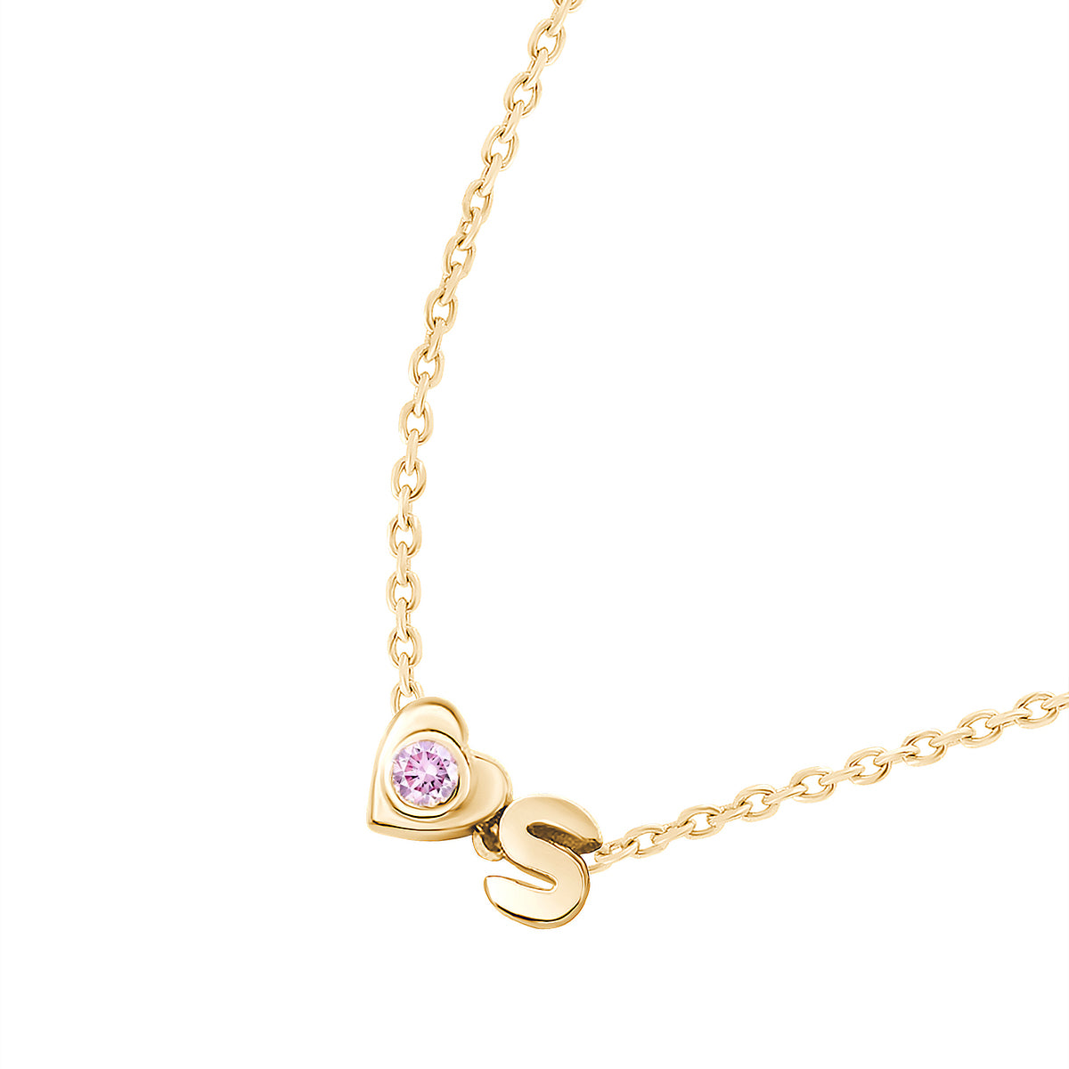 love heart birthstone pendant and letter pendant in yellow gold
