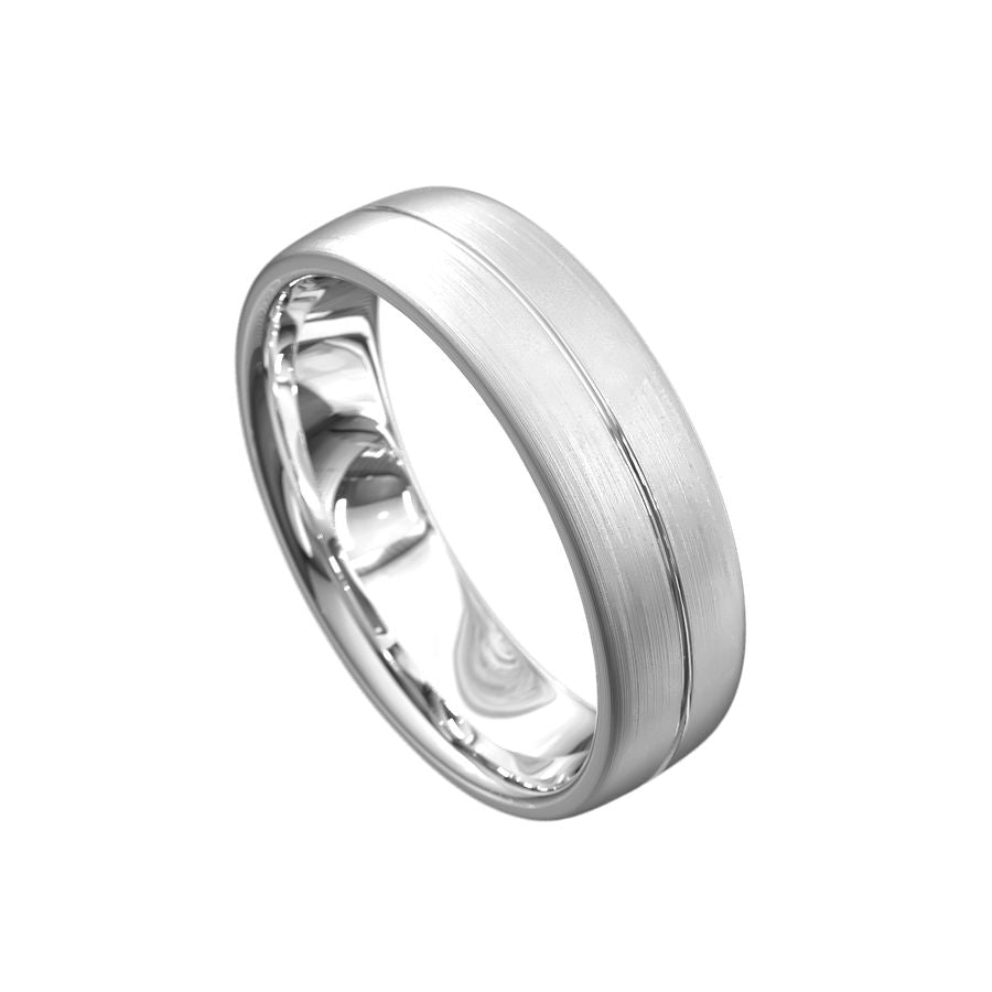 white gold mens wedding ring with brushed finished and ridge through the middle