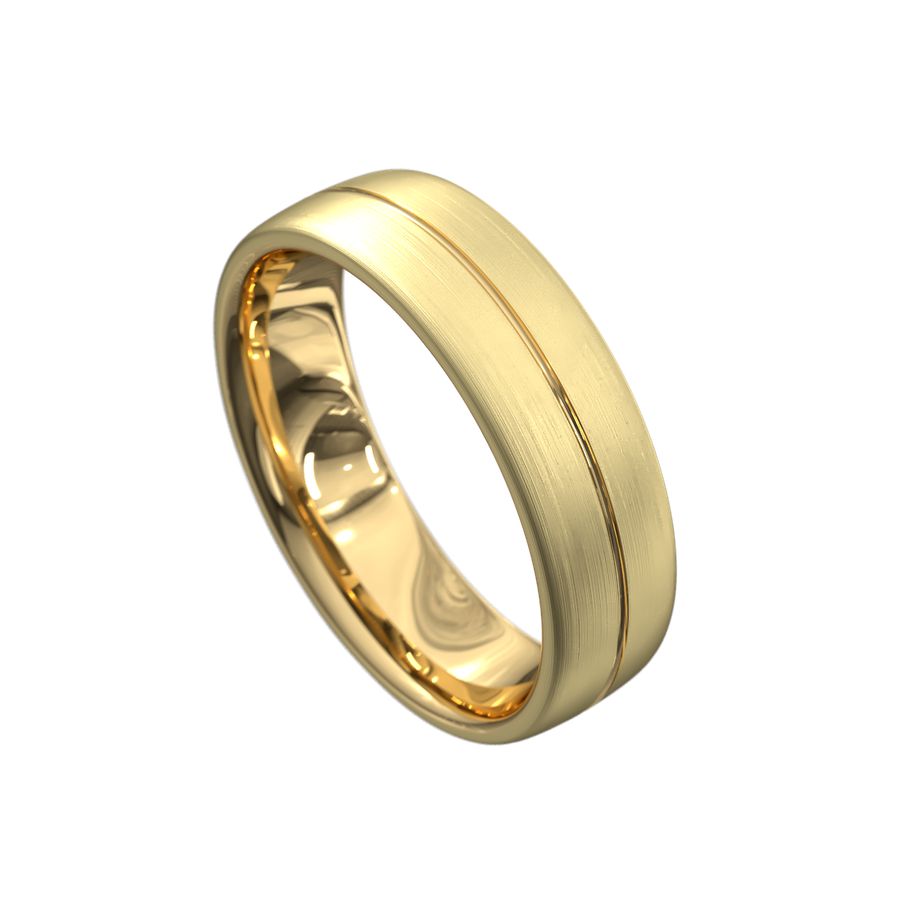 yellow gold mens wedding ring with brushed finished and ridge through the middle