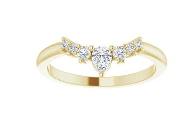 Moissanite Crown ring with Pear Accent - a curved shape moissanite ring with pear shape moissanite and round moissanite