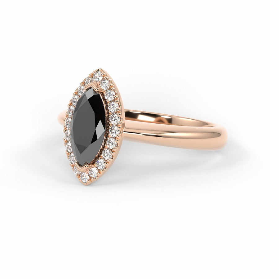 Rose Gold engagement ring with marquise shape black diamond and white diamond halo