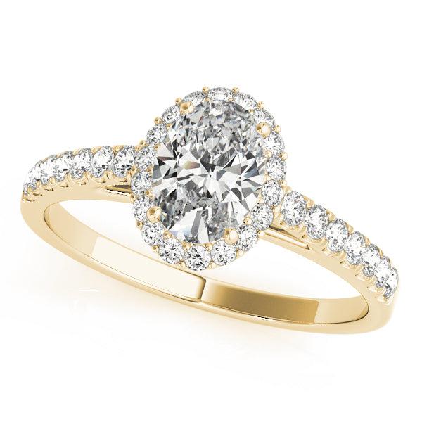 Oval diamond engagement ring with diamond halo and diamonds in the band