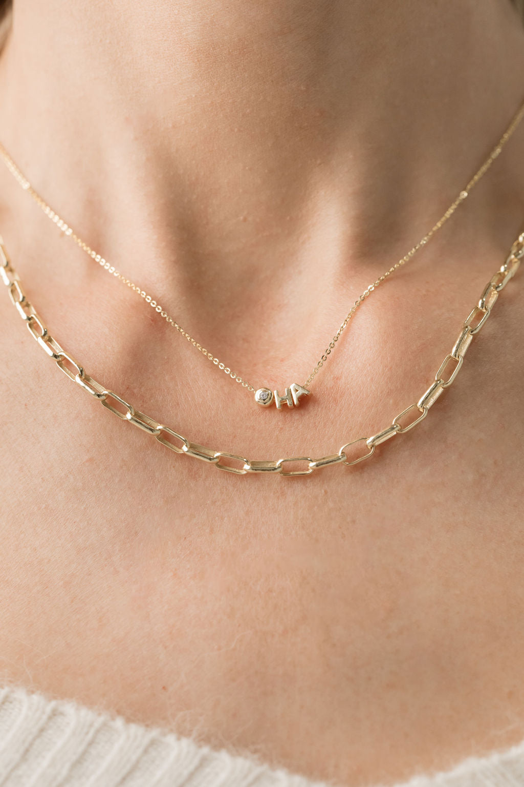 gold paperclip link chain necklace with letter pendant and birthstone pendant