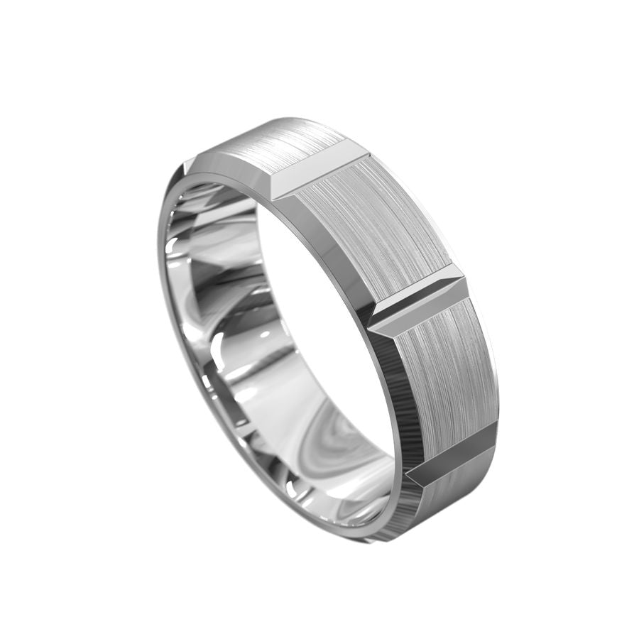 Roman | A brushed mens wedding ring with bevelled wide accents