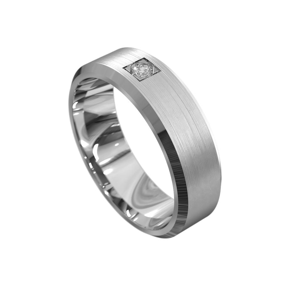 white gold men's wedding ring brushed gold with beveled edge diamond pressure set
