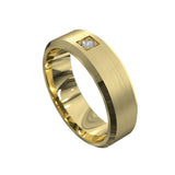 yellow gold men's wedding ring brushed gold with beveled edge diamond pressure set