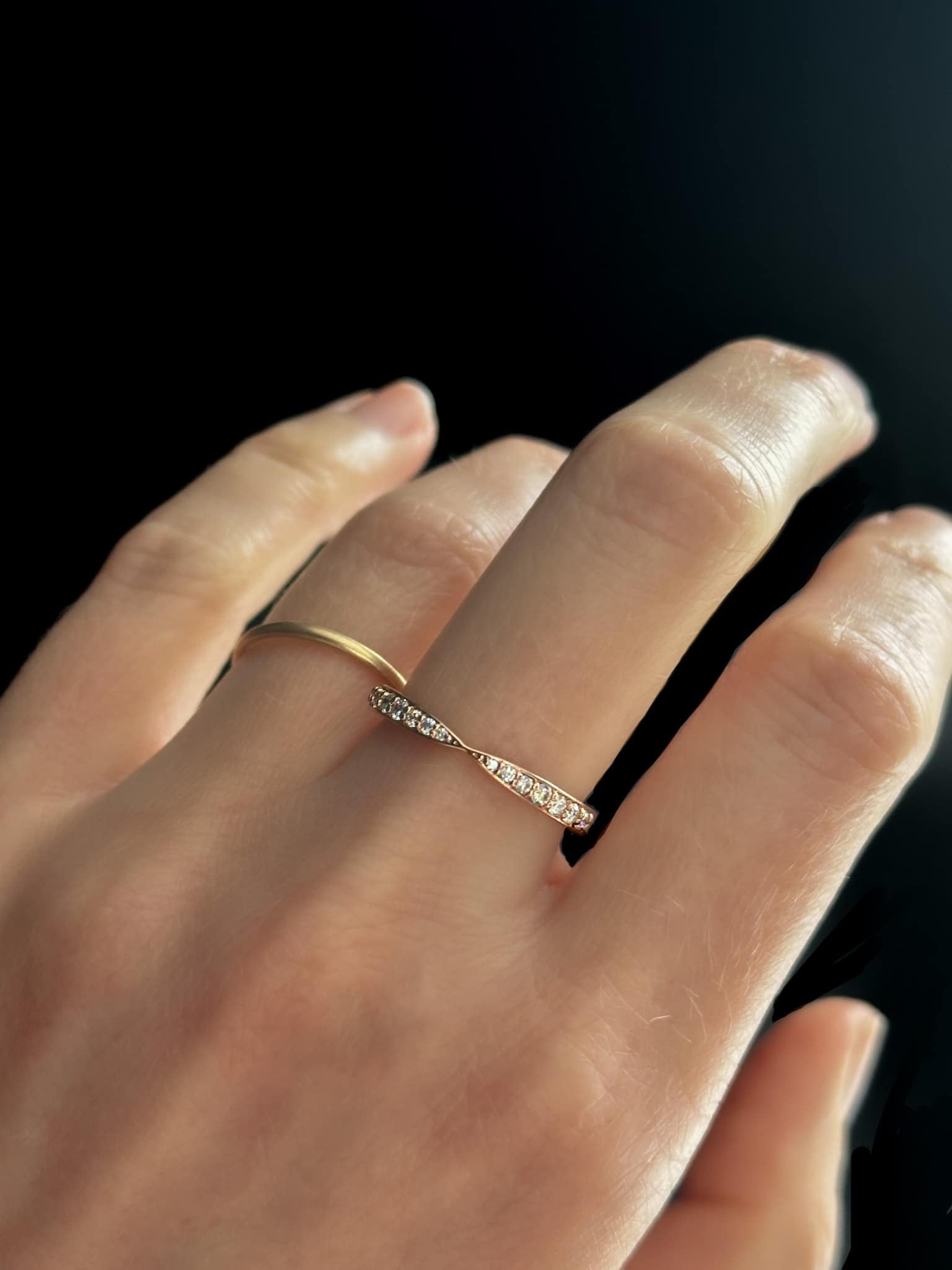 tapered diamond wedding ring with gold stacking ring