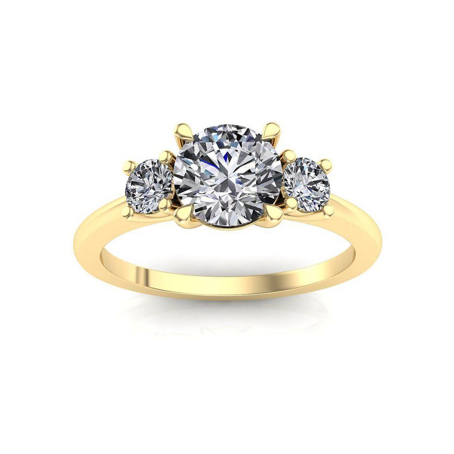 three stone trilogy engagement ring with three round moissanite