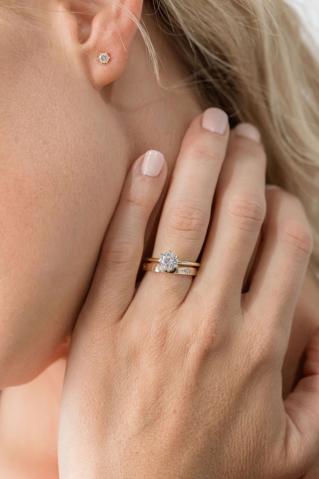 Yellow Gold diamond solitaire engagement ring with beautiful gold band small diamonds