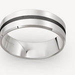 A Men's ring with two wide brushed strips and a single black carbon fibre inlet, creating a contrast in colors.