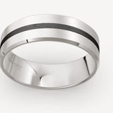 A Men's ring with two wide brushed strips and a single black carbon fibre inlet, creating a contrast in colors.