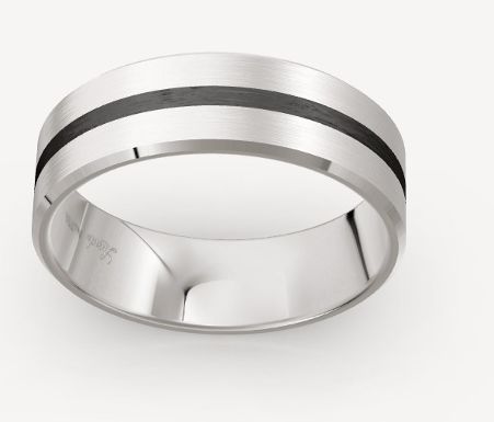 A Men's ring with two wide brushed strips and a single black carbon fibre inlet, creating a contrast in colors.