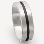 A Men's ring with two wide brushed strips and a single black carbon fibre inlet, creating a contrast in colors 2