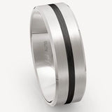 A Men's ring with two wide brushed strips and a single black carbon fibre inlet, creating a contrast in colors 2