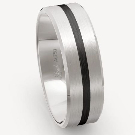 A Men's ring with two wide brushed strips and a single black carbon fibre inlet, creating a contrast in colors 2