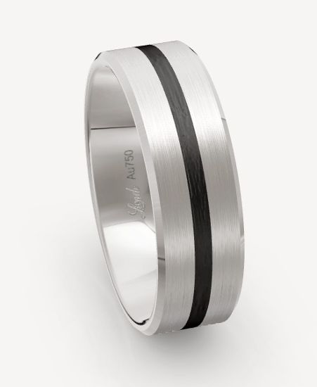 A Men's ring with two wide brushed strips and a single black carbon fibre inlet, creating a contrast in colors 2