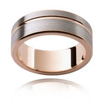 A Two toned mens wedding ring with polished rose gold centre stripe and inner band with dark grey brushed finish 
