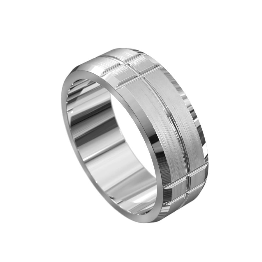 A brushed white gold men's wedding band with polished beveled edges and handcarved grooves.