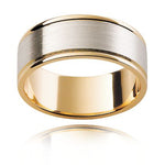 A classic men's two-tone wedding ring with a flat, brushed design featuring polished edges, pictured in yellow and white gold.